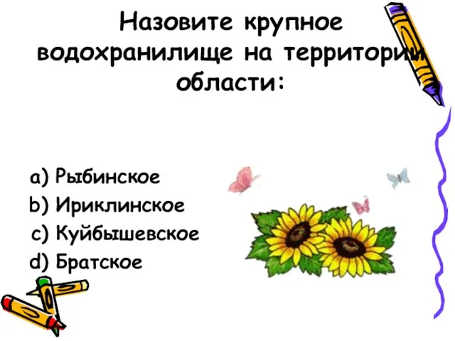 Назовите крупное водохранилище на территории области: Рыбинское Ириклинское Куйбышевское Братское