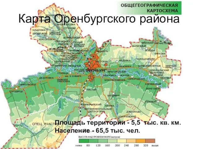 Карта Оренбургского района Площадь территории - 5,5 тыс. кв. км. Население - 65,5 тыс. чел.