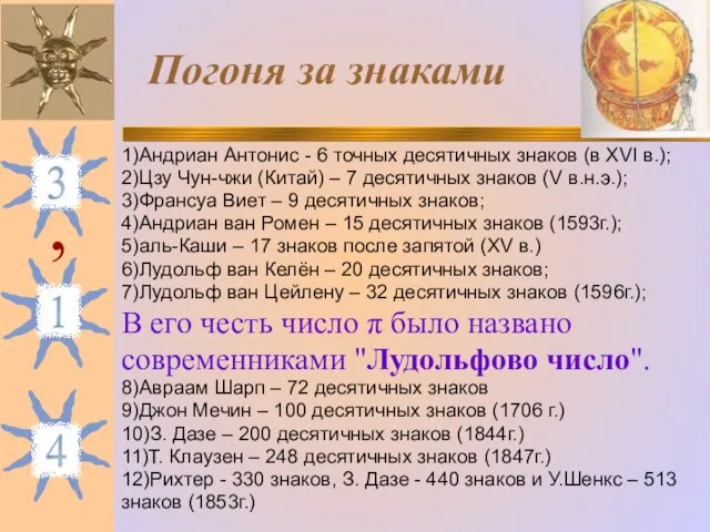 Погоня за знаками 1)Андриан Антонис - 6 точных десятичных знаков (в XVI