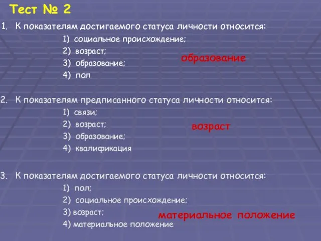 Тест № 2 К показателям достигаемого статуса личности относится: 1) социальное происхождение;