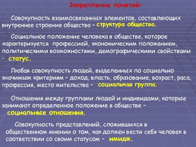 Закрепление понятий: Совокупность взаимосвязанных элементов, составляющих внутреннее строение общества – Социальное положение