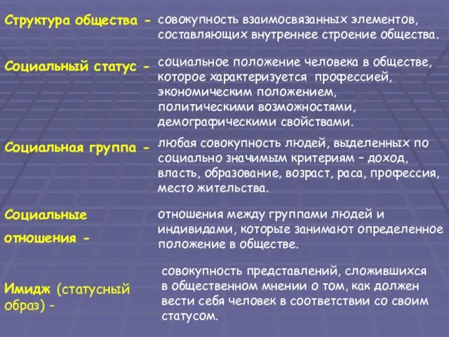 Структура общества - совокупность взаимосвязанных элементов, составляющих внутреннее строение общества. Социальный статус