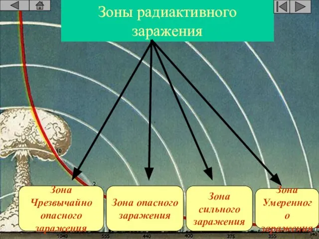 Зоны радиактивного заражения Зона Чрезвычайно опасного заражения Зона опасного заражения Зона сильного заражения Зона Умеренного заражения