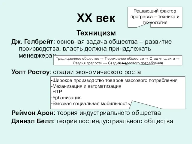 ХХ век Техницизм Дж. Гелбрейт: основная задача общества – развитие производства, власть