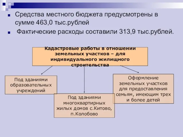 Средства местного бюджета предусмотрены в сумме 463,0 тыс.рублей Фактические расходы составили 313,9 тыс.рублей.