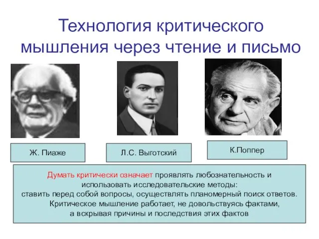 Технология критического мышления через чтение и письмо Ж. Пиаже Л.С. Выготский К.Поппер