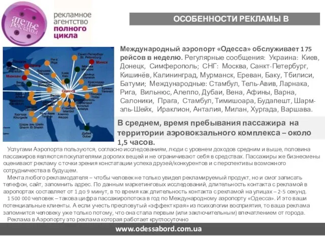 www.odessabord.com.ua Международный аэропорт «Одесса» обслуживает 175 рейсов в неделю. Регулярные сообщения: Украина: