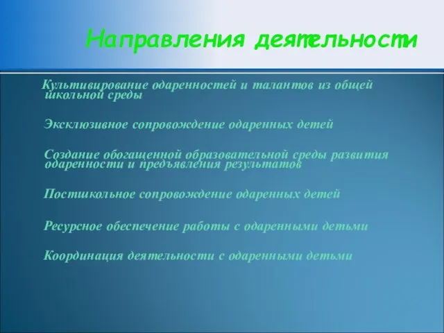 Направления деятельности Культивирование одаренностей и талантов из общей школьной среды Эксклюзивное сопровождение