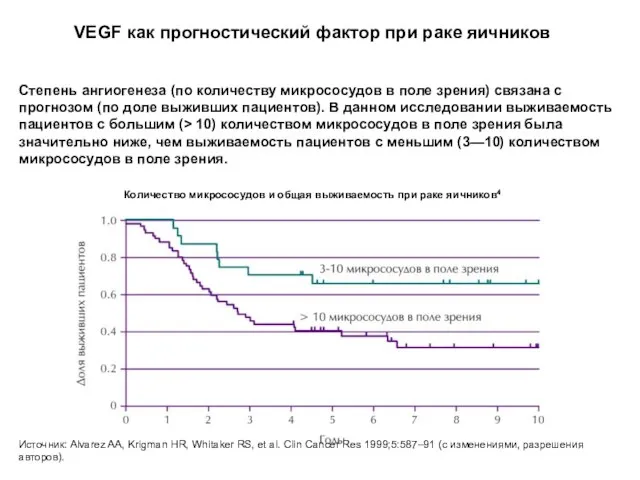 VEGF как прогностический фактор при раке яичников Источник: Alvarez AA, Krigman HR,