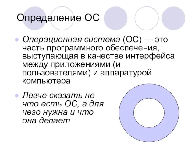 Определение ОС Операционная система (ОС) — это часть программного обеспечения, выступающая в