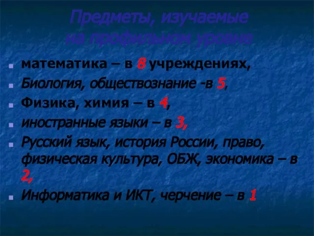 Предметы, изучаемые на профильном уровне математика – в 8 учреждениях, Биология, обществознание