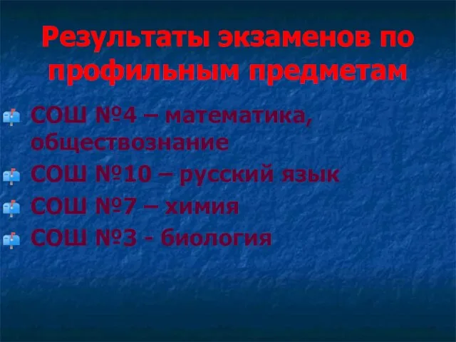 Результаты экзаменов по профильным предметам СОШ №4 – математика, обществознание СОШ №10