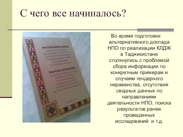 С чего все начиналось? Во время подготовки альтернативного доклада НПО по реализации