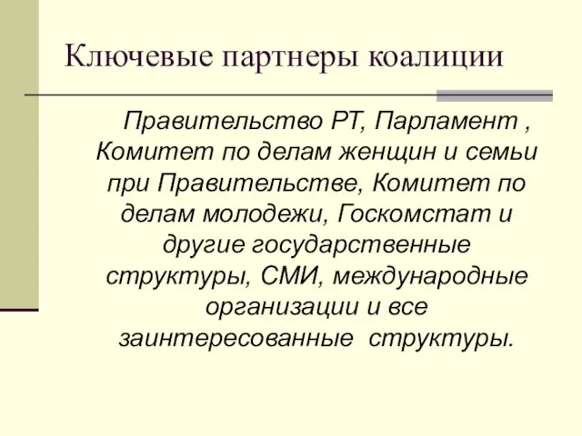 Ключевые партнеры коалиции Правительство РТ, Парламент , Комитет по делам женщин и