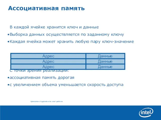 Ассоциативная память В каждой ячейке хранится ключ и данные Выборка данных осуществляется