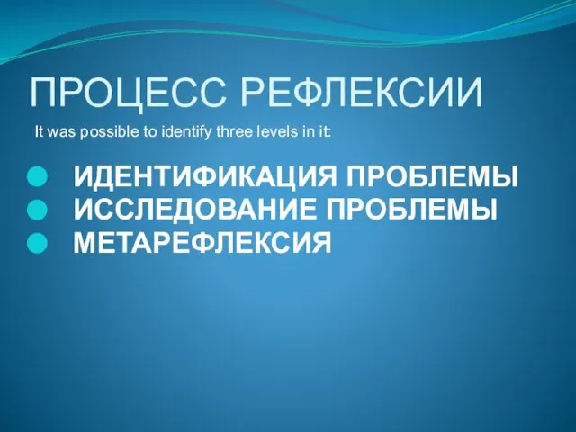 ПРОЦЕСС РЕФЛЕКСИИ It was possible to identify three levels in it: ИДЕНТИФИКАЦИЯ ПРОБЛЕМЫ ИССЛЕДОВАНИЕ ПРОБЛЕМЫ МЕТАРЕФЛЕКСИЯ