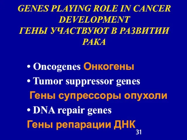 • Oncogenes Онкогены • Tumor suppressor genes Гены супрессоры опухоли • DNA