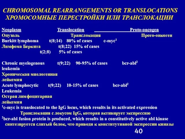 CHROMOSOMAL REARRANGEMENTS OR TRANSLOCATIONS ХРОМОСОМНЫЕ ПЕРЕСТРОЙКИ ИЛИ ТРАНСЛОКАЦИИ Neoplasm Translocation Proto-oncogen Опухоль