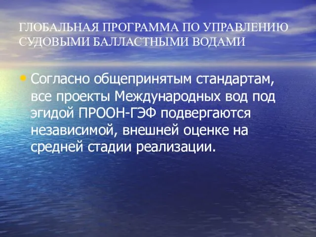 ГЛОБАЛЬНАЯ ПРОГРАММА ПО УПРАВЛЕНИЮ СУДОВЫМИ БАЛЛАСТНЫМИ ВОДАМИ Согласно общепринятым стандартам, все проекты