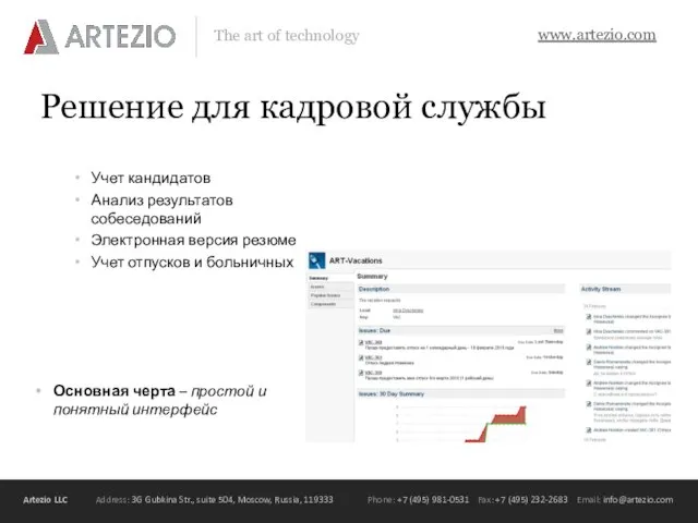 Решение для кадровой службы Учет кандидатов Анализ результатов собеседований Электронная версия резюме