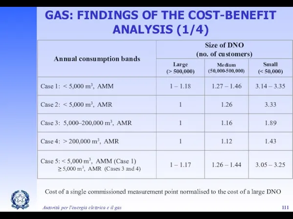 Autorità per l'energia elettrica e il gas GAS: FINDINGS OF THE COST-BENEFIT