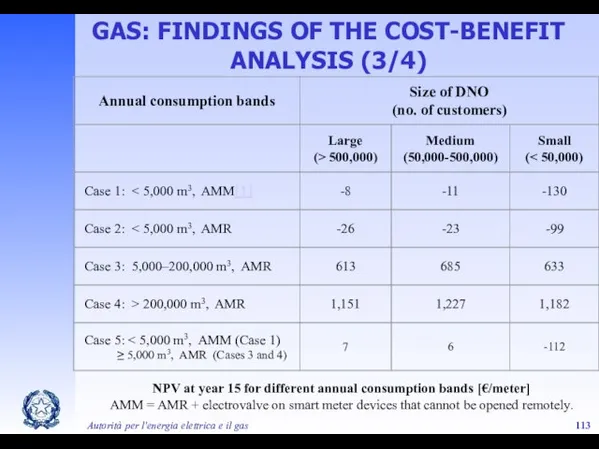 Autorità per l'energia elettrica e il gas GAS: FINDINGS OF THE COST-BENEFIT