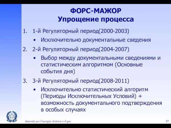 Autorità per l'energia elettrica e il gas ФОРС-МАЖОР Упрощение процесса 1-й Регуляторный