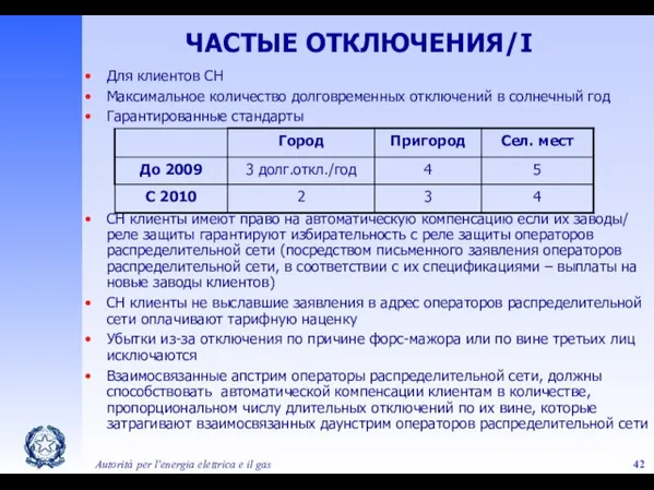 Autorità per l'energia elettrica e il gas ЧАСТЫЕ ОТКЛЮЧЕНИЯ/I Для клиентов СН