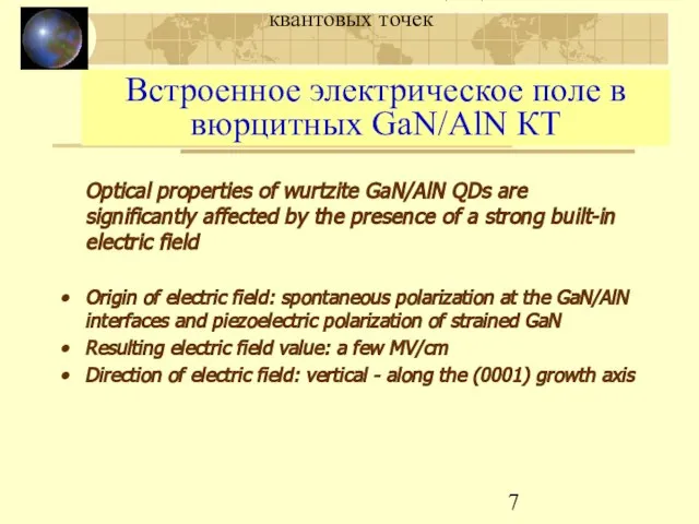 МЛЭ и люминесценция GaN/AlN квантовых точек Встроенное электрическое поле в вюрцитных GaN/AlN