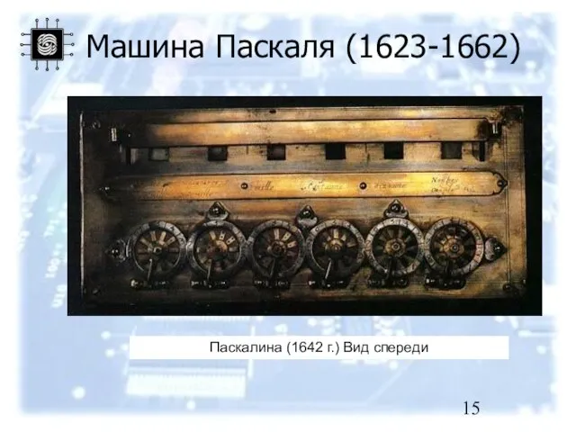 Паскалина (1642 г.) Вид спереди Машина Паскаля (1623-1662)