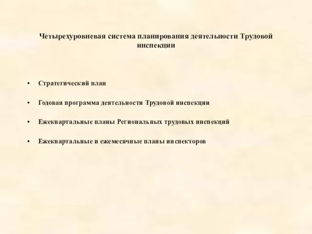 Четырехуровневая система планирования деятельности Трудовой инспекции Стратегический план Годовая программа деятельности Трудовой