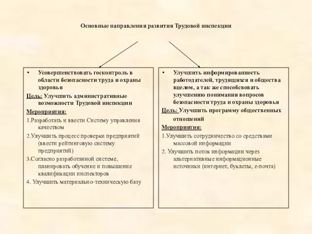 Основные направления развития Трудовой инспекции Усовершенствовать госконтроль в области безопасности труда и