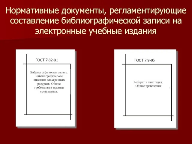 Нормативные документы, регламентирующие составление библиографической записи на электронные учебные издания Библиографическая запись.