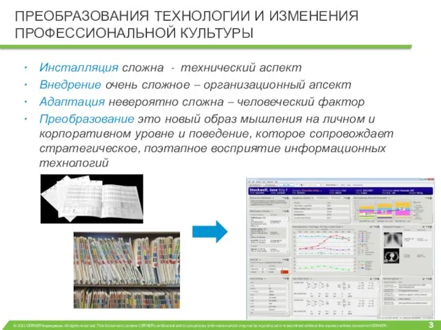 ПРЕОБРАЗОВАНИЯ ТЕХНОЛОГИИ И ИЗМЕНЕНИЯ ПРОФЕССИОНАЛЬНОЙ КУЛЬТУРЫ Инсталляция сложна - технический аспект Внедрение