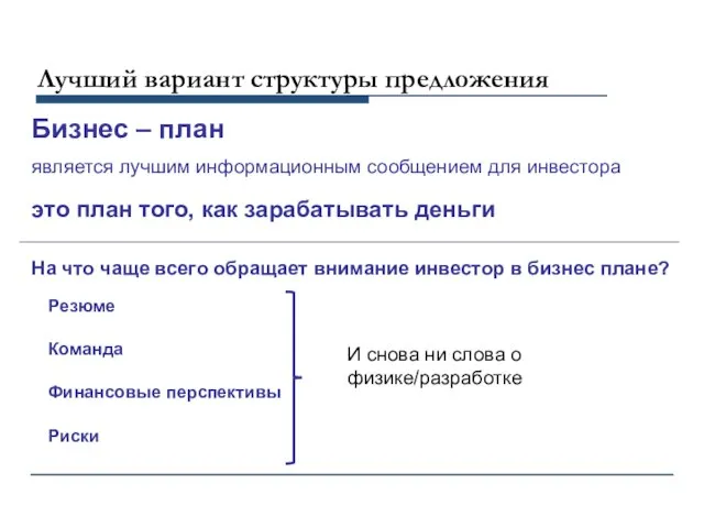 Лучший вариант структуры предложения Бизнес – план является лучшим информационным сообщением для