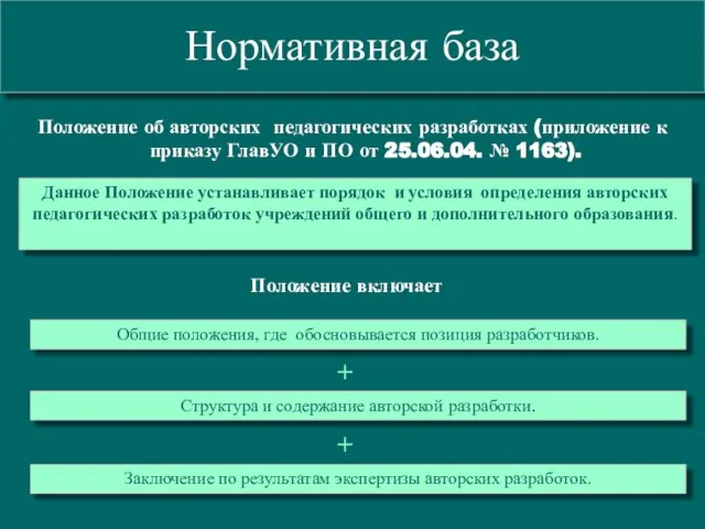 Нормативная база Положение об авторских педагогических разработках (приложение к приказу ГлавУО и