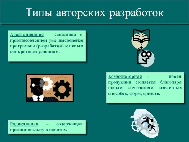 Типы авторских разработок Адаптационная – связанная с приспособлением уже имеющейся программы (разработки)