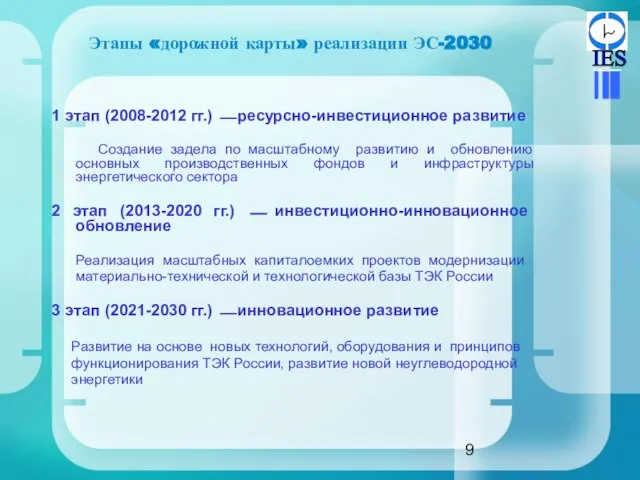 Этапы «дорожной карты» реализации ЭС-2030 1 этап (2008-2012 гг.) ⎯ ресурсно-инвестиционное развитие