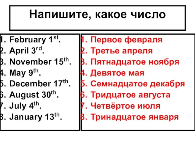 Напишите, какое число February 1st. April 3rd. November 15th. May 9th. December