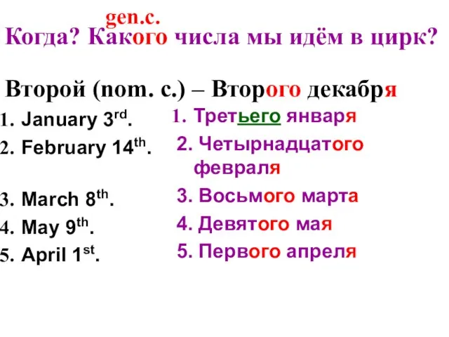 January 3rd. February 14th. March 8th. May 9th. April 1st. Третьего января