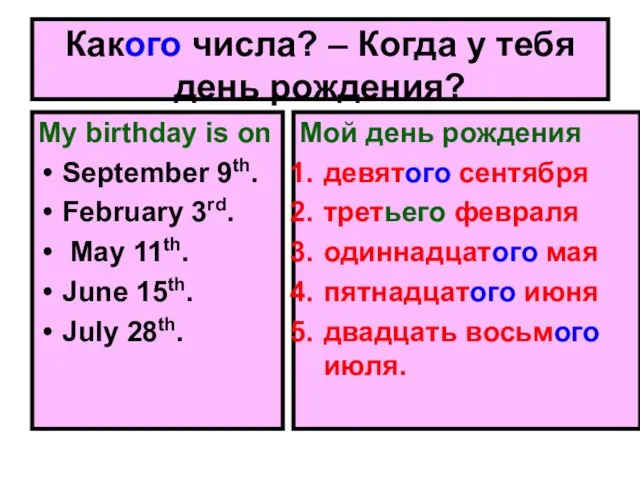 Какого числа? – Когда у тебя день рождения? My birthday is on