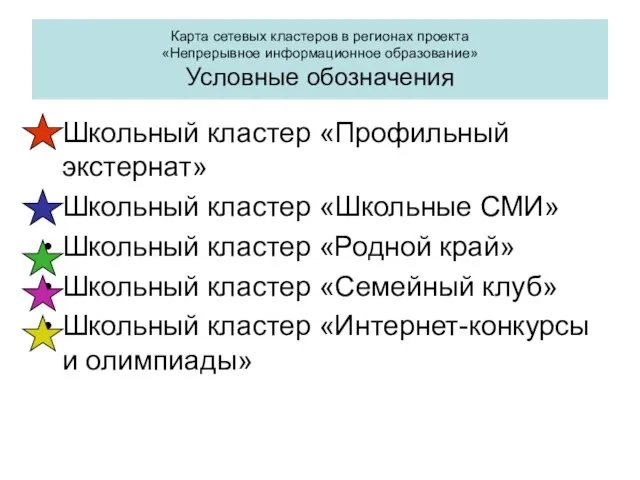 Карта сетевых кластеров в регионах проекта «Непрерывное информационное образование» Условные обозначения Школьный