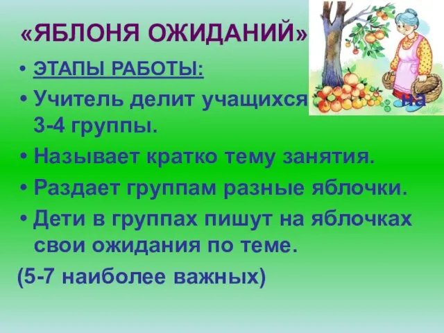 «ЯБЛОНЯ ОЖИДАНИЙ» ЭТАПЫ РАБОТЫ: Учитель делит учащихся на 3-4 группы. Называет кратко