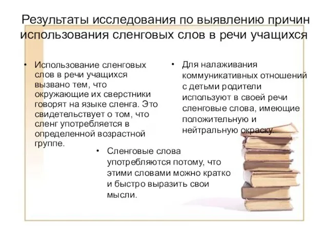 Результаты исследования по выявлению причин использования сленговых слов в речи учащихся Сленговые