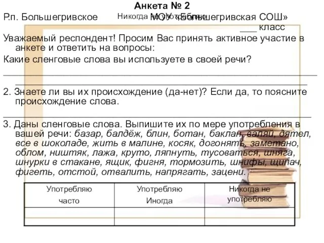 Никогда не употребляю Анкета № 2 Р.п. Большегривское МОУ «Большегривская СОШ» ___