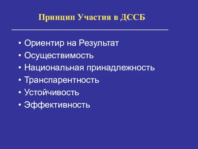 Принцип Участия в ДССБ Ориентир на Результат Осуществимость Национальная принадлежность Транспарентность Устойчивость Эффективность