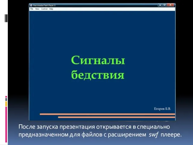 После запуска презентация открывается в специально предназначенном для файлов с расширением swf плеере.