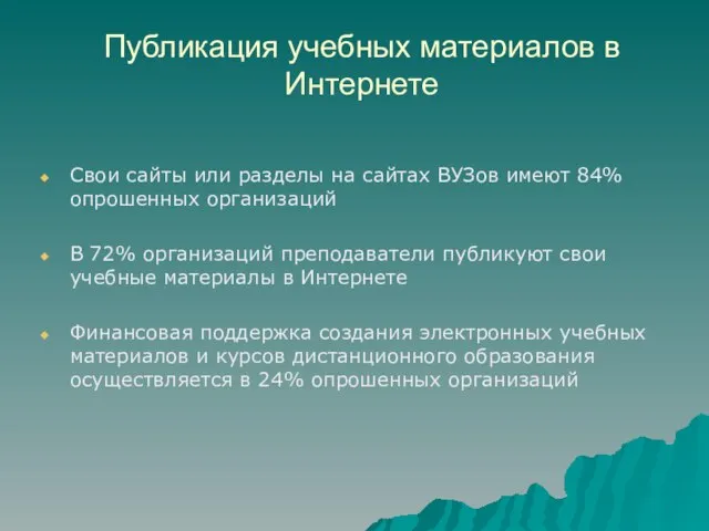 Публикация учебных материалов в Интернете Свои сайты или разделы на сайтах ВУЗов