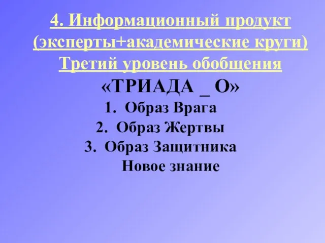 4. Информационный продукт (эксперты+академические круги) Третий уровень обобщения «ТРИАДА _ О» Образ