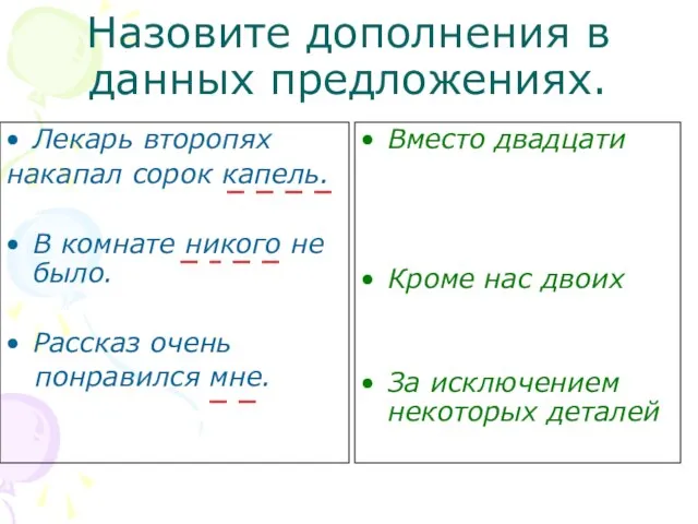 Назовите дополнения в данных предложениях. Лекарь второпях накапал сорок капель. В комнате